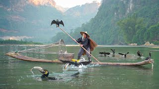 A Day in Life of a Old Fisherman Using Cormorant Birds To Catch Fish [upl. by Nuawed]