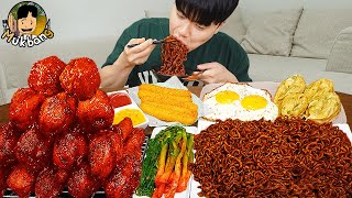 ASMR MUKBANG 직접 만든 양념 치킨먹방 치즈스틱 짜파게티 레시피 FRIED CHICKEN AND BLACK BEAN NOODLES EATING SOUND [upl. by Ahsenra869]