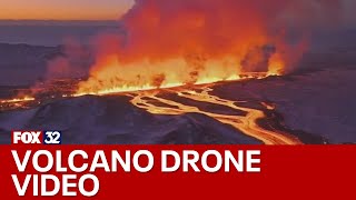 Dramatic drone video shows Icelandic volcano eruption [upl. by Ennaesor315]