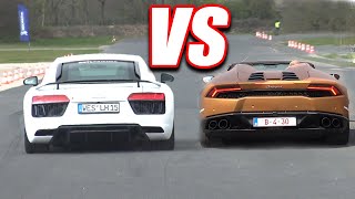 AUDI R8 V10 PLUS vs LAMBORGHINI HURACAN DRAG RACE [upl. by Bergen494]