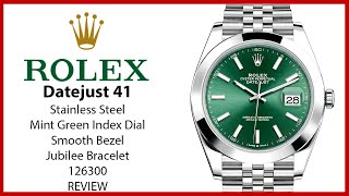 ▶ Rolex Datejust 41 Stainless Steel Mint Green Index Dial Smooth Bezel Jubilee 126300  REVIEW [upl. by Siaht]