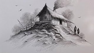 Enchanting Pencil Drawing of a Misty Hilltop Cottage  Art Tutorial amp Techniques [upl. by Ahsennek]