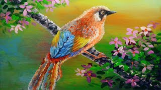 Bird with Flowers Painting Tutorial using Acrylic Paints on Canvas  Basic Fine Art Demonstration [upl. by Ralat]