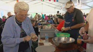 This isnt work this is fun GermanAmerican Festival preparations potato peeling underway [upl. by Ellicul65]