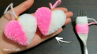 Super Easy Pom Pom Heart Making with Fork  Amazing Craft Ideas with Wool  How to Make Yarn Heart [upl. by Idnar]