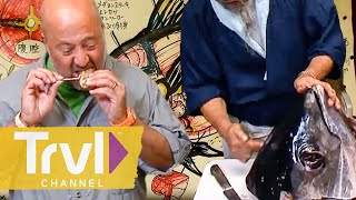 Eating Rare Parts of a Tuna  Bizarre Foods with Andrew Zimmern  Travel Channel [upl. by Aisayn]