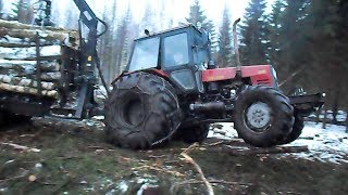 Belarus 1025 forestry tractor with homemade trailer logging in winter forest [upl. by Ssalguod776]