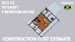 Construction Cost Estimate for 3 Bedroom House 38ft x 52ft House in Jamaica Jones’s 1976sqft [upl. by Ahsilat240]