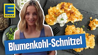 BlumenkohlSchnitzel  Vegetarisches Rezept mit paniertem Blumenkohl und Dip [upl. by Fong]