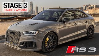 INSANE STAGE 3 AUDI RS3 8V 576HP  WHAT A ROCKET TTE700 HYBRID TURBO  METHANOL  NARDO GREY [upl. by Olbap]