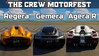 The Crew Motorfest  Koenigsegg Regera vs Koenigsegg Gemera vs Koenigsegg Agera R  Drag Race [upl. by Fesuy]