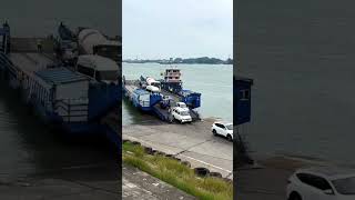 Cement mixer trucks are getting off the ferry and crossing the river Safety is the most importa [upl. by Tessler]