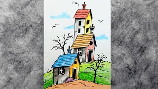 Pencil Sketch Tutorial  Colored Pencils and Ink Pencil Drawing Village  Landscape Scenery Drawing [upl. by Nananne]