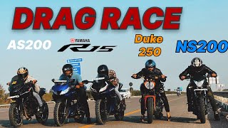 NS 200 VS YAMAHA R15 V3S VS DUKE250 VS AS200DRAG RACE 💥 TOP SPEED COMPARISON RACE [upl. by Turrell131]