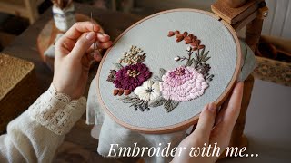 quotGarnetquot  flower embroidery on linen fabric  tutorial for beginners [upl. by Lindeberg]