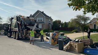 MASSIVE BULK TRASH PILE Crushed by a Fast Groot Rear Loader Garbage Truck [upl. by Inahet]