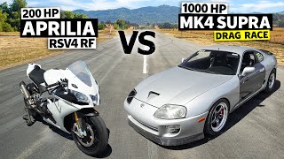 1000hp Toyota Supra Turbo vs Aprilia RSV4 RF Superbike Drag Race [upl. by Rudolf]