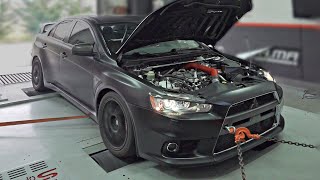 8000rpm 470Hp Lancer EVO X feat SEQUENTIAL Gearbox on the DYNO  Turbo Flutter sounds amp AntiLag [upl. by Arimat244]