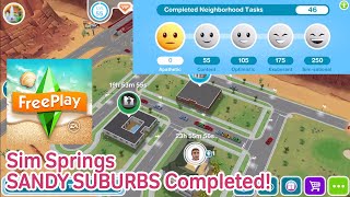 The Sims Freeplay Sim Springs Sandy Suburbs Complete TourHappiness level [upl. by Cindra]