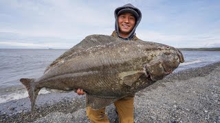 Alaska Shore Fishing For GIANT Halibut CATCH CLEAN COOK [upl. by Bertle]