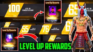 FREE FIRE ALL LEVEL UP REWARDS  FREE FIRE MAX 100 LEVEL UP REWARD  LEVEL UP REWARDS  FREE FIRE [upl. by Elyac]