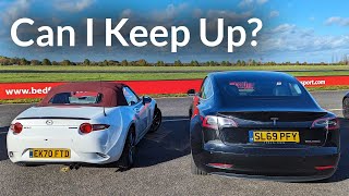 Chasing a Tesla Model 3 Performance in a standard MX5 on Track [upl. by Earized]