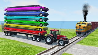 Double Flatbed Trailer Truck vs Speedbumps Train vs Cars  Tractor vs Train BeamngDrive 050 [upl. by Lanaj]