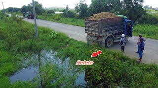 First Start New Project Filling Land into water by Dump truck 5T Unloading Dozer Pushing Soil [upl. by Shirk970]