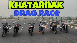 Drag Race Bajaj NS 200 BS7 Vs RS 200 BS4 Vs 220 F BS4 Vs Triumph 400 [upl. by Groark6]