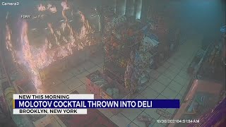 Wild video shows flaming molotov cocktails thrown at New York City deli [upl. by Alyos570]