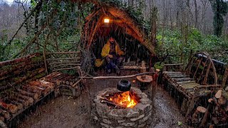 7 Days SOLO SURVIVAL CAMPING In RAIN THUNDER  Building Warm BUSHCRAFT SHELTER  Lamb Cooking [upl. by Acihsay]