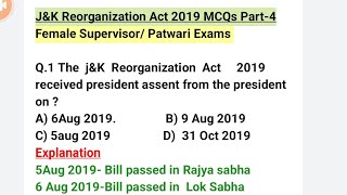 TOP MCQs on JampK Reorganisation Act 2019 Part4 Most Impt For Jkssb Female Supervisor Patwari Exams [upl. by Tennaj]