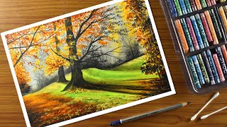 Oil pastel scenery  Step by step tree landscape oil pastel Drawing for beginners [upl. by Aisauqal]