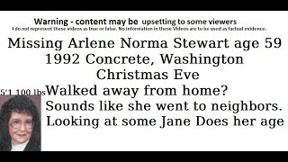 Missing Arlene Norma Stewart age 59 1992 Concrete Washington Christmas Eve [upl. by Hurff562]