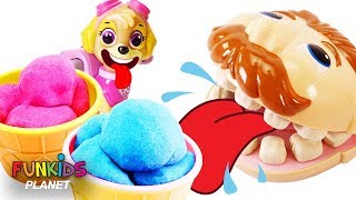 Feeding Mr Play Doh Head Kinetic Sand Sundaes Scoops amp Ice Cream Cones from Ice Cream Truck Set [upl. by Onaimad]