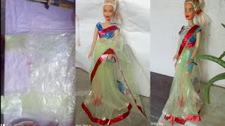 How to make saree with polythene no sew no gluedoll hackspolythene craft [upl. by Artamas748]