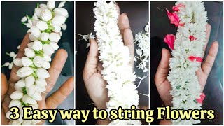 3 easy way to string flower garland  jasmine flower garland making at home  how to tie flowers [upl. by Oenire989]