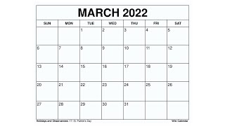 Printable March 2022 Calendar Templates with Holidays  Wiki Calendar [upl. by Ellehcirt954]