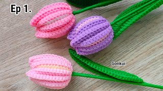 Ep1 Flower🌷Easy Crochet Tulip Flower Tutorial step by step  Crochet Flower Bouquet crochetflower [upl. by Gefell]