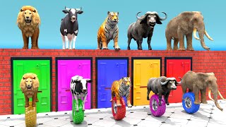 Cow Mammoth Elephant Tiger Buffalo Guess The Right Door ESCAPE ROOM CHALLENGE Animals Tire Game [upl. by Sirad810]