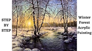 Winter Forest STEP By STEP Acrylic Painting [upl. by Langan853]