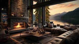 Cozy House Ambient on Lakeside with Lakeshore Water Sounds and Relaxing Fireplace helps to Relax [upl. by Casar]