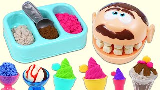 Pretend Feeding Mr Play Doh Head Kinetic Sand Ice Cream [upl. by Ahsik132]