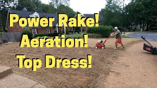 Power Raking Dethatching Aeration and Top Dressing the Lawn with Compost and Sand [upl. by Scoville]