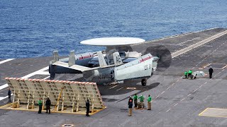 US AWAC Radar Plane Unfolds its Massive Wings Before Carrier Takeoff [upl. by Neerod17]