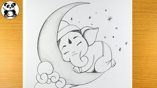 Cute Ganesha sleeping on moon  ganpati bappa drawing [upl. by Dorina]