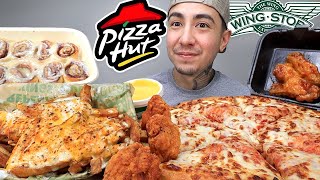 MUKBANG EATING Pizza Hut Cheesy Pan Pizza Wingstop NEW Hot Honey Chicken Voodoo Fries Cinnabon [upl. by Uwton]