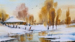 Beautiful watercolor winter landscape painting process [upl. by Eladnor]