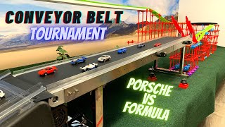 DIECAST CARS RACING  CONVEYOR BELT RACE SUPER TOURNAMENT  day 1 [upl. by Cleon379]