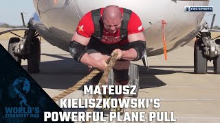 2017 Worlds Strongest Man  Mateusz Kieliszkowskis Powerful Plane Pull [upl. by Elumas]